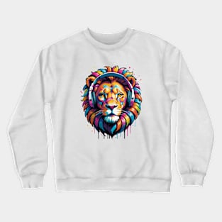 Vibrant Lion Groove: Colorful Majesty with Headphones Crewneck Sweatshirt